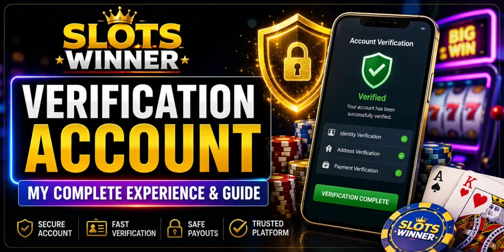 Slots Winner Verification Account guide banner with secure account check, mobile verification screen, casino chips and slot machine background.