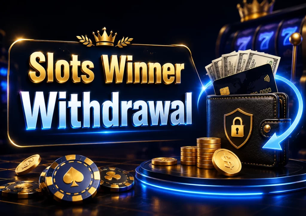 Slots Winner withdrawal banner with secure wallet, casino chips, payout arrow, and gold-blue design for an India-focused cashout guide.